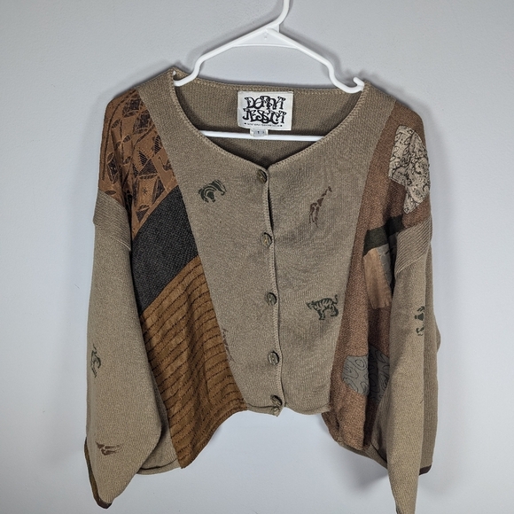 Vintage Donna Jessica Abstract Jungle Safari patchwork mismatch cardigan size 1 - Picture 13 of 14